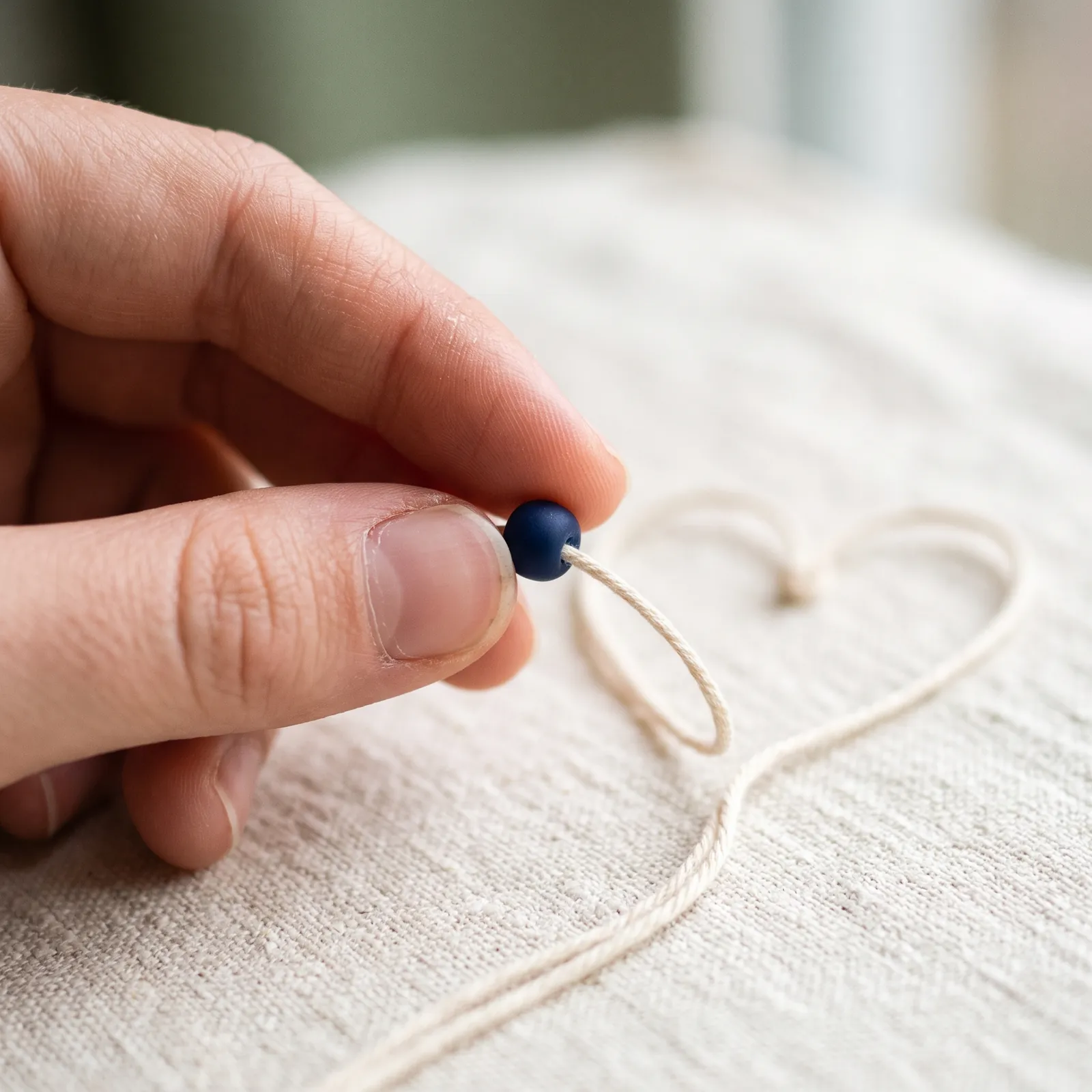 Fingertips holding a navy bead on a cream cord that loops into a heart