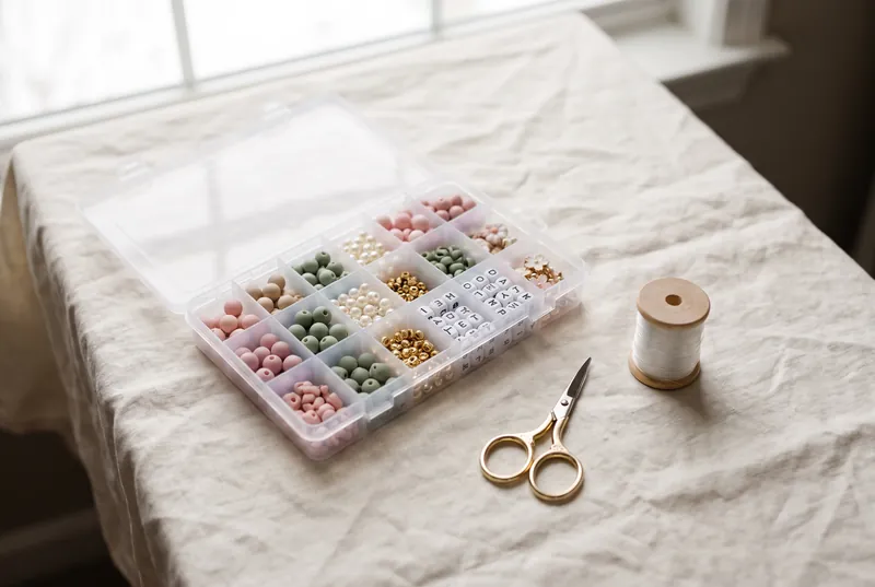 Bead organizer filled with pastel, pearl, and gold beads next to scissors and elastic cord